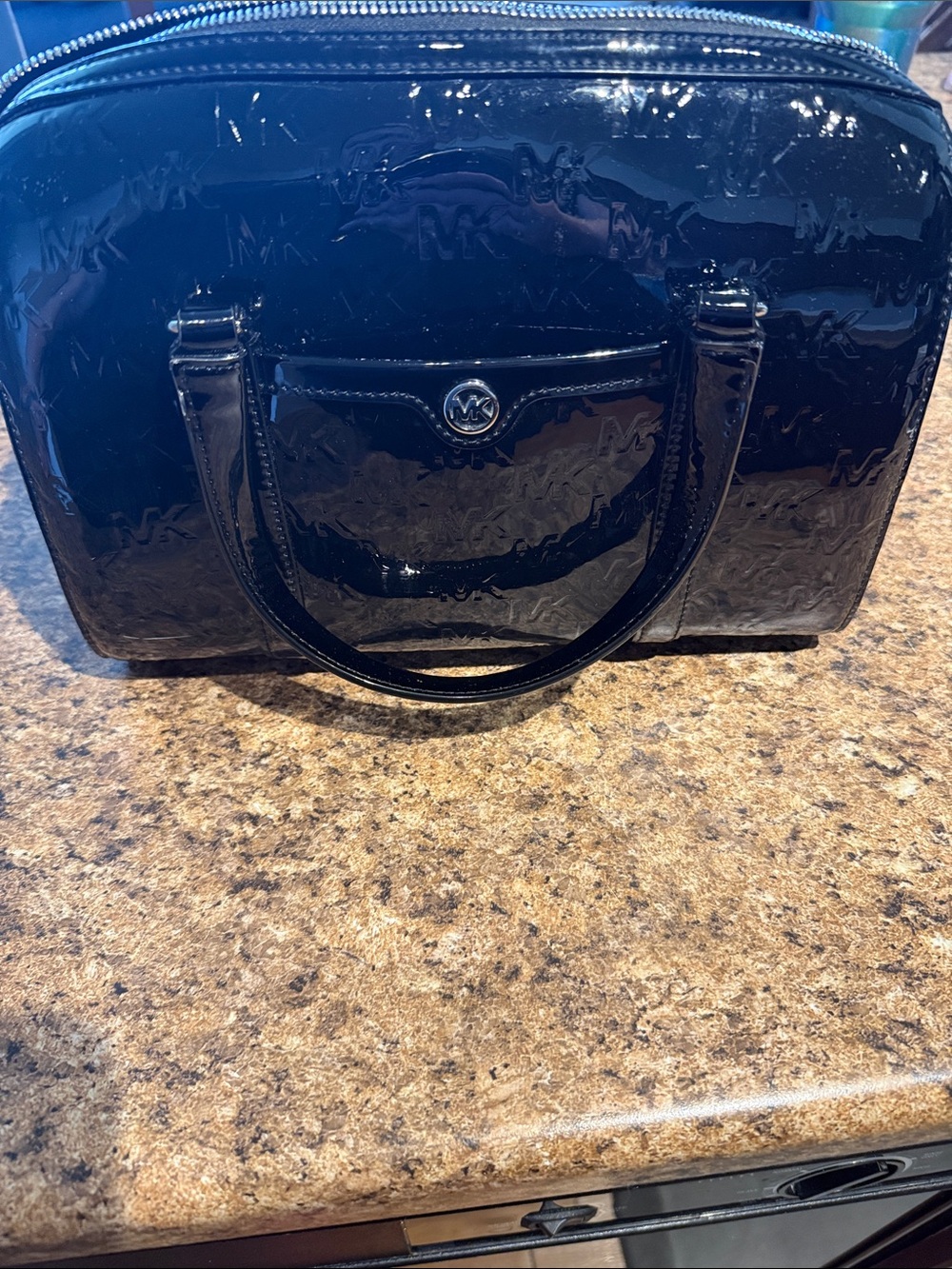 Michael Kors Black Patent Dome Satchel with MK Embossing